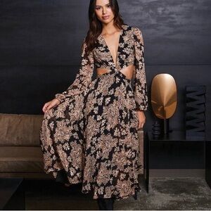 GIANNI BINI Marisol Black‎ Floral Cutout Midi Dress Long Sleeve Boho Fall Size 0